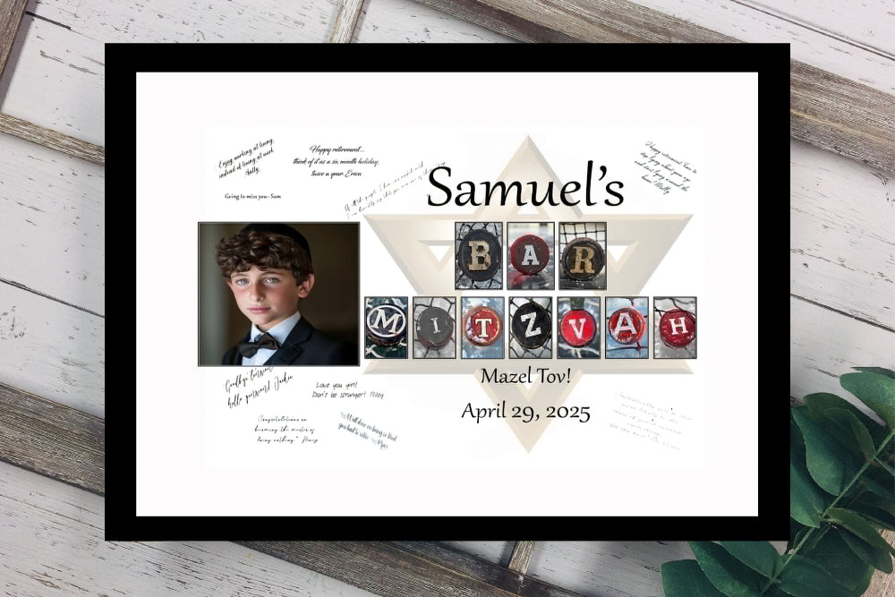 Hockey Puck Bar Mitzvah Personalized Photo Guest Book Alternative, Signable Print