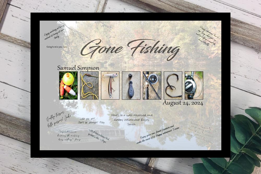 Retired Fishing Lake Background Custom Guest Book Alternative