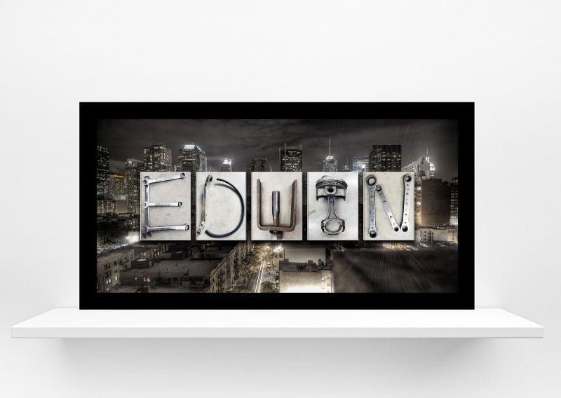 Personalized Name Auto Mechanic Tools City Scape Sign, Garage Gift For Men