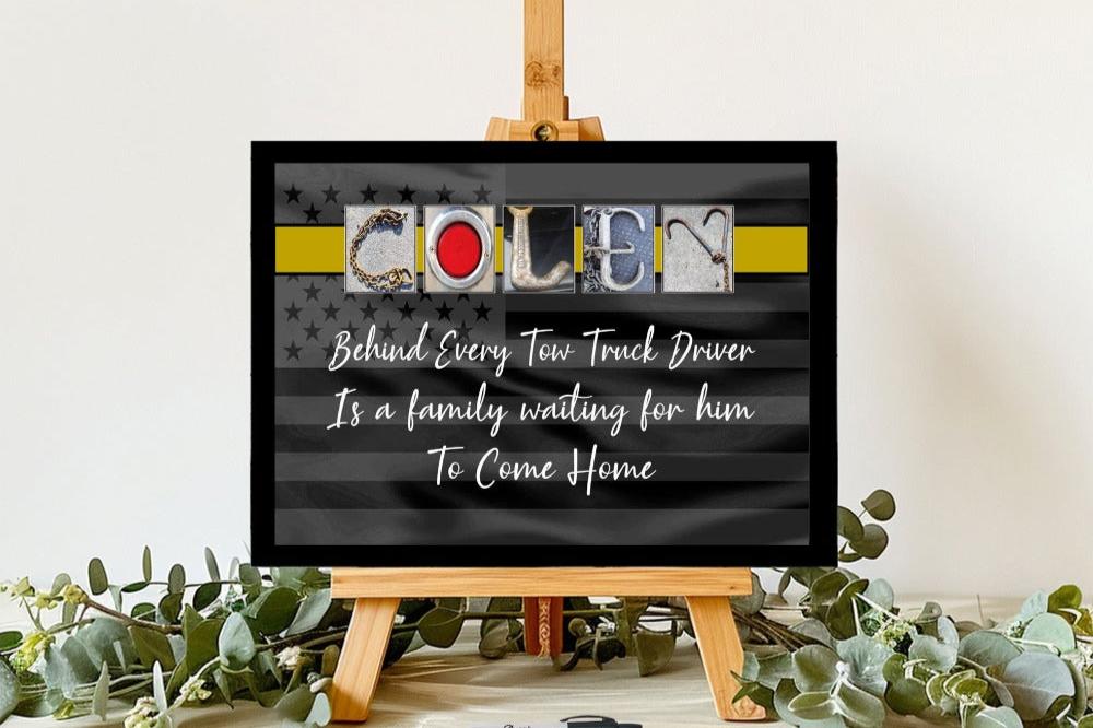 Tow Truck Driver Thin Yellow Line Flag Personalized Name Sign, Tow Lives Matter Gift For Him