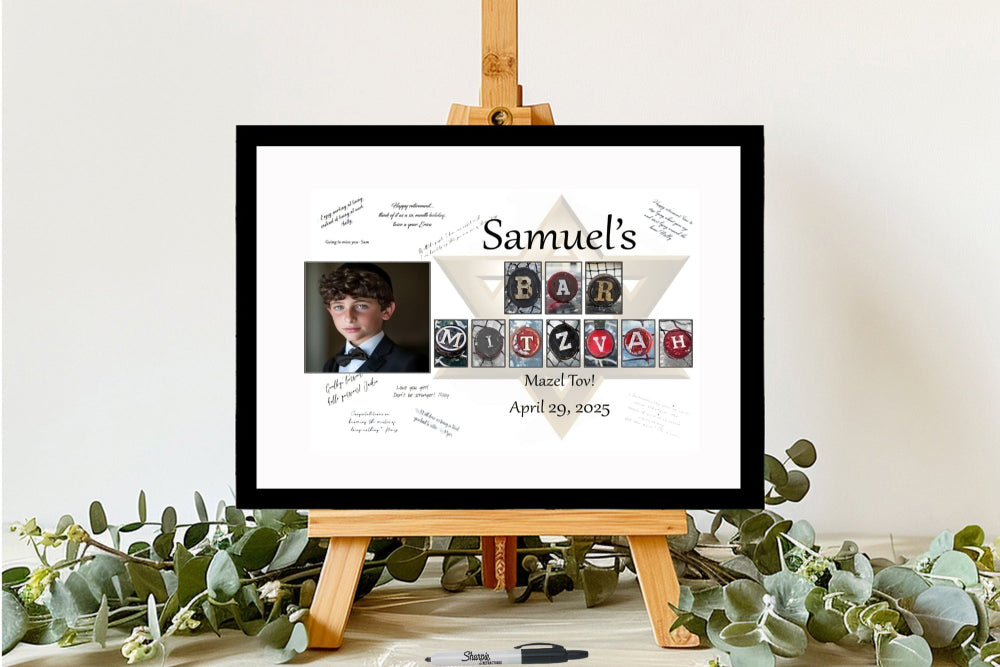 Hockey Puck Bar Mitzvah Personalized Photo Guest Book Alternative, Signable Print