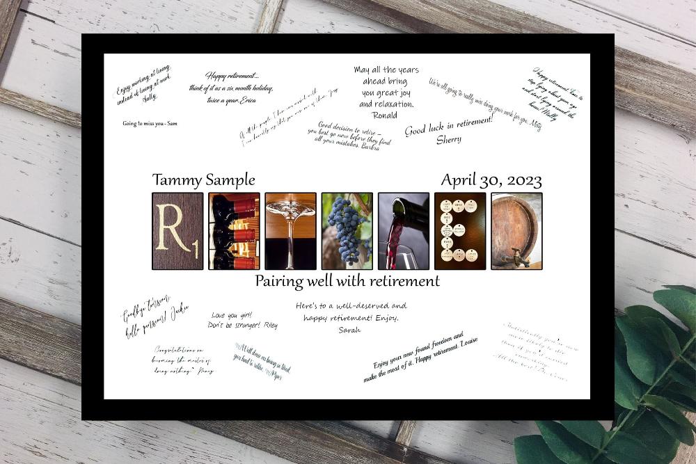 Wine Lovers Themed Retired Personalized Guest Book Alternative, Retirement Party