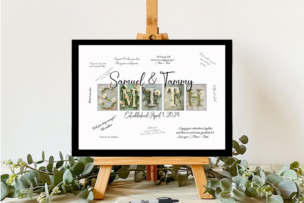 Whimsical Daisy Couples Personalized Last Name Wedding Alternative Signature Guest Book