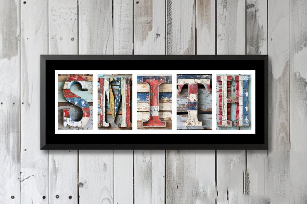 American Flag Custom Name Art Sign, Patriotic Wall Art