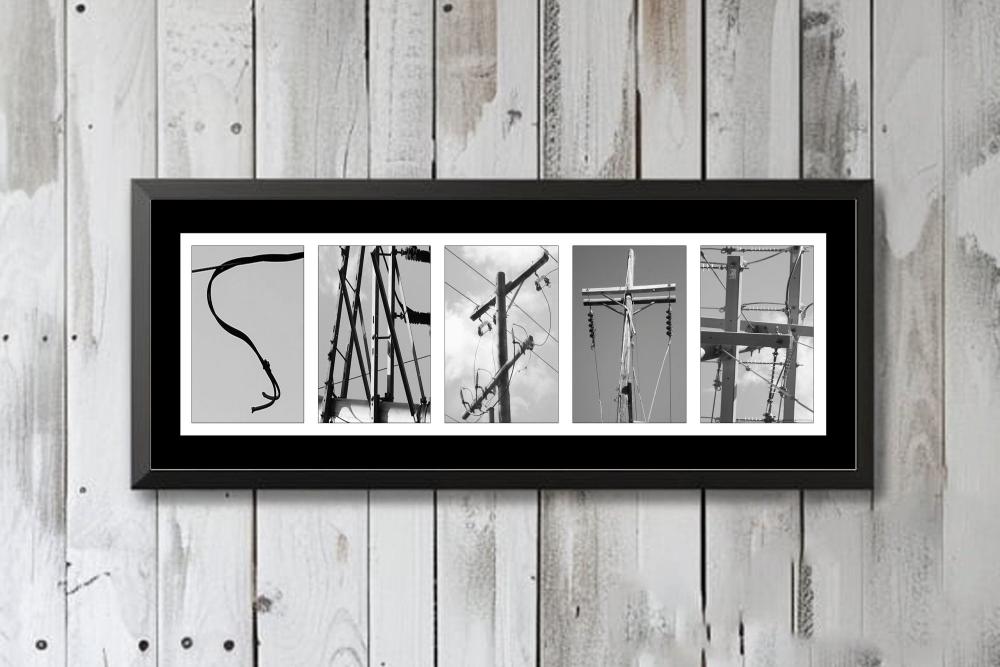 Personalized Lineman Black and White Last Name Letter Photography Framed Sign