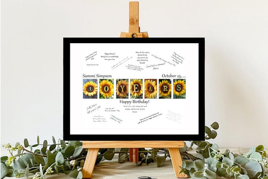 10 Years Sunflower Birthday Party Guest Book Alternative, 10th Year Milestone Celebration