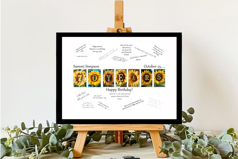 70 Years Sunflower Birthday Party Guest Book Alternative, 70th Party Signature Board