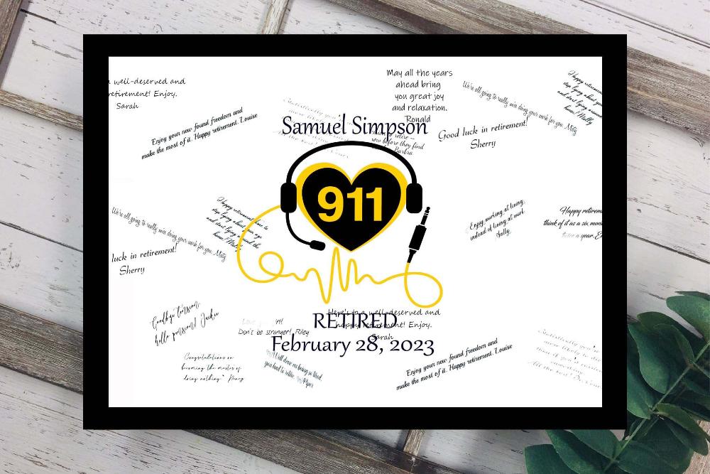 911 Dispatcher Retired Guest Book Alternative, Thin Gold Line Retirement Party