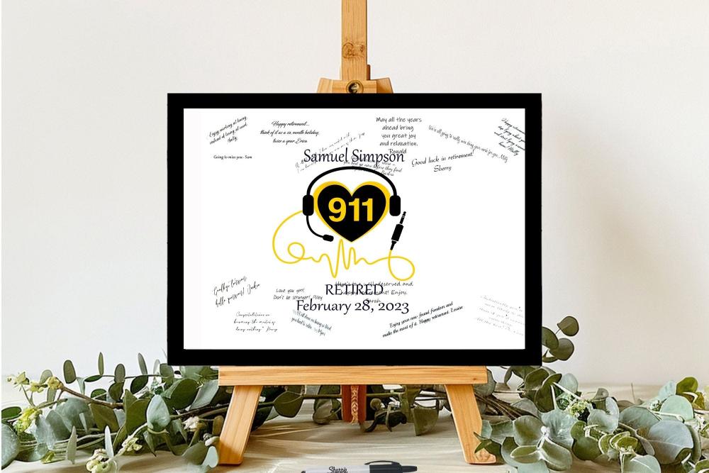 911 Dispatcher Retired Guest Book Alternative, Thin Gold Line Retirement Party