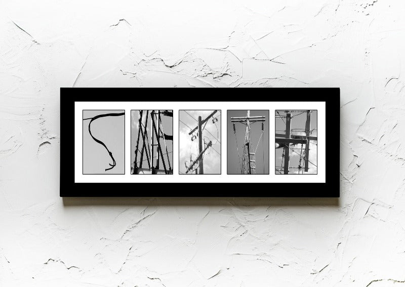 Personalized Lineman Black and White Last Name Letter Photography Framed Sign