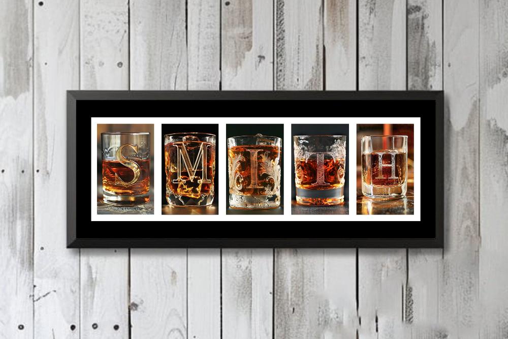 Whiskey Glass Personalized Name Sign, Gift For Men, Bourbon Bar Man Cave Decor