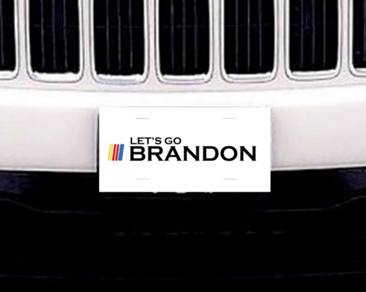 Let's Go Brandon on a white novelty plate. FJB